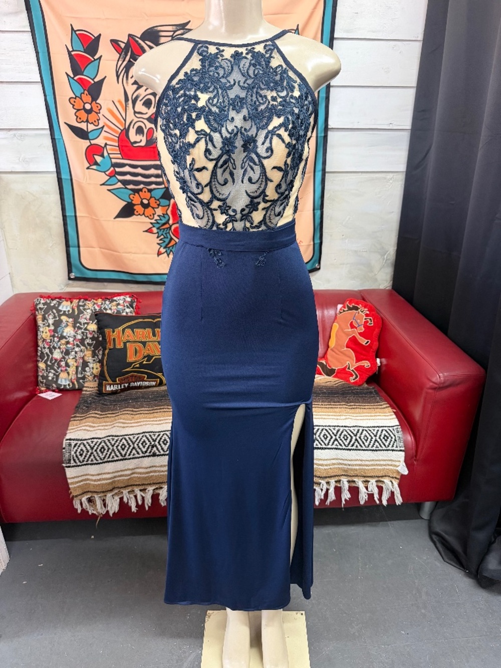 JJ's House Dark Navy and Nude Evening Gown Sz S